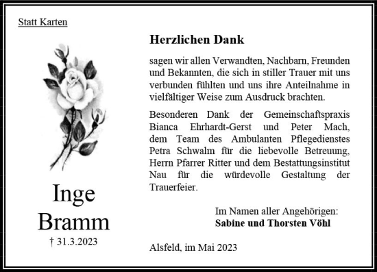 Traueranzeige von Inge Bramm von Oberhessen Kurier