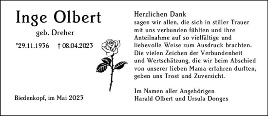 Traueranzeige von Inge Olbert von Hinterländer Anzeiger