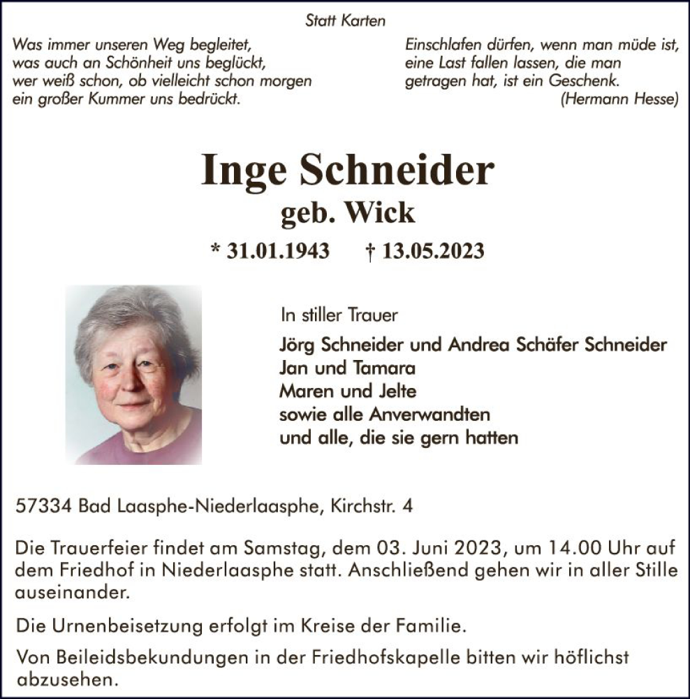  Traueranzeige für Inge Schneider vom 31.05.2023 aus Hinterländer Anzeiger