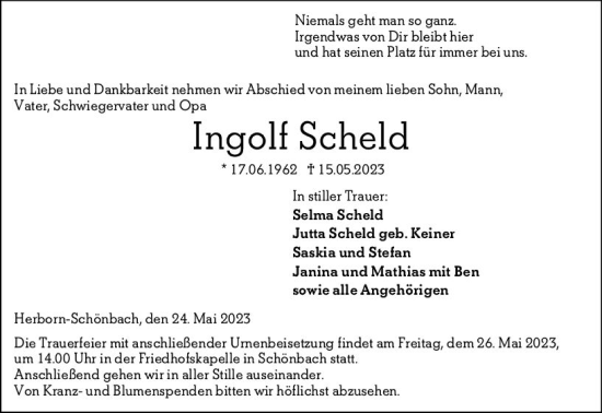 Traueranzeige von Ingolf Scheld von Dill Block