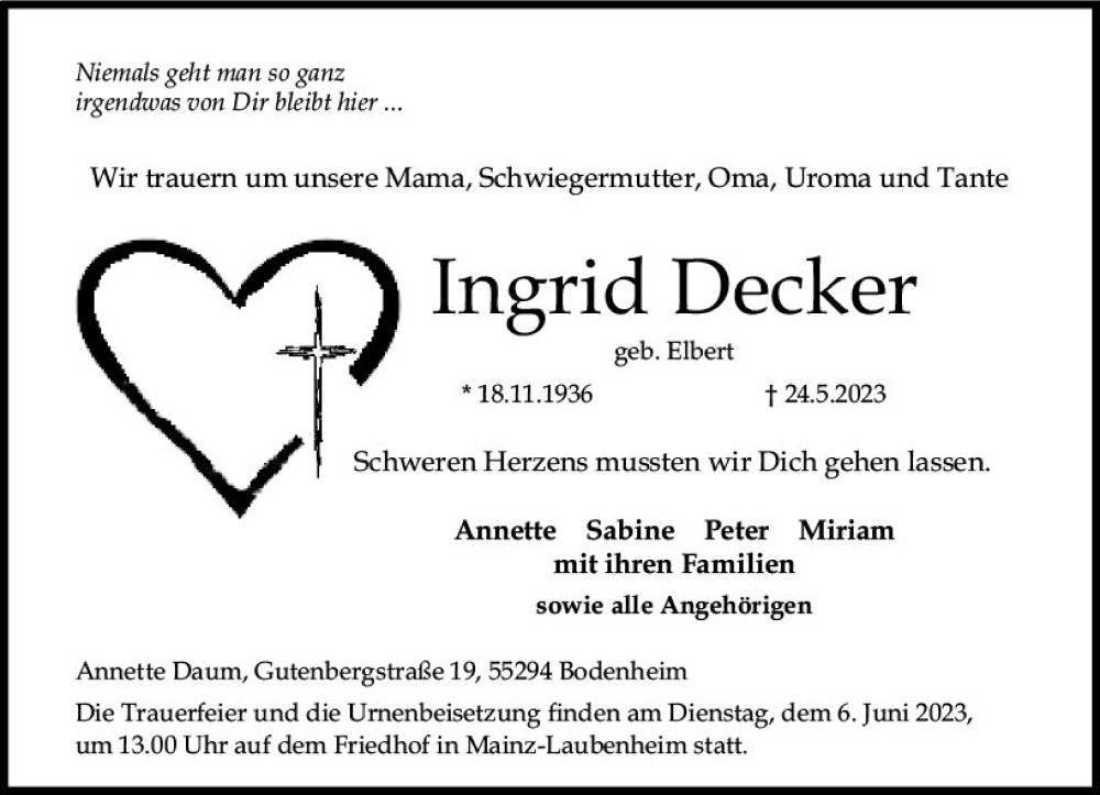  Traueranzeige für Ingrid Decker vom 27.05.2023 aus Allgemeine Zeitung Mainz