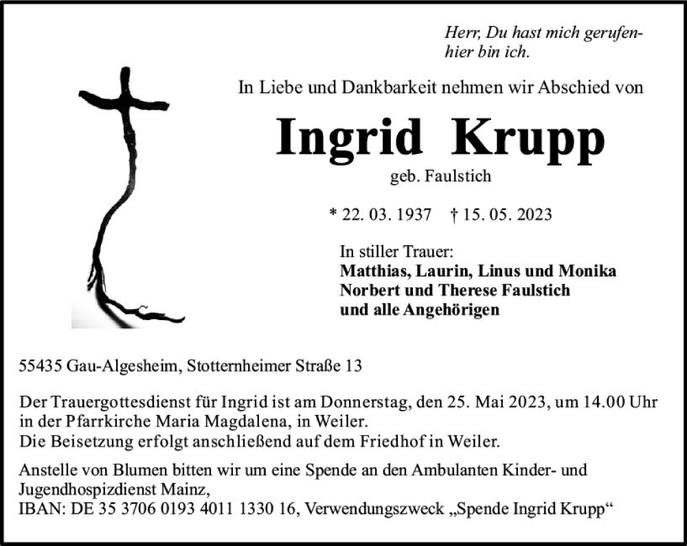  Traueranzeige für Ingrid Krupp vom 20.05.2023 aus Allgemeine Zeitung Bingen/Ingelheim