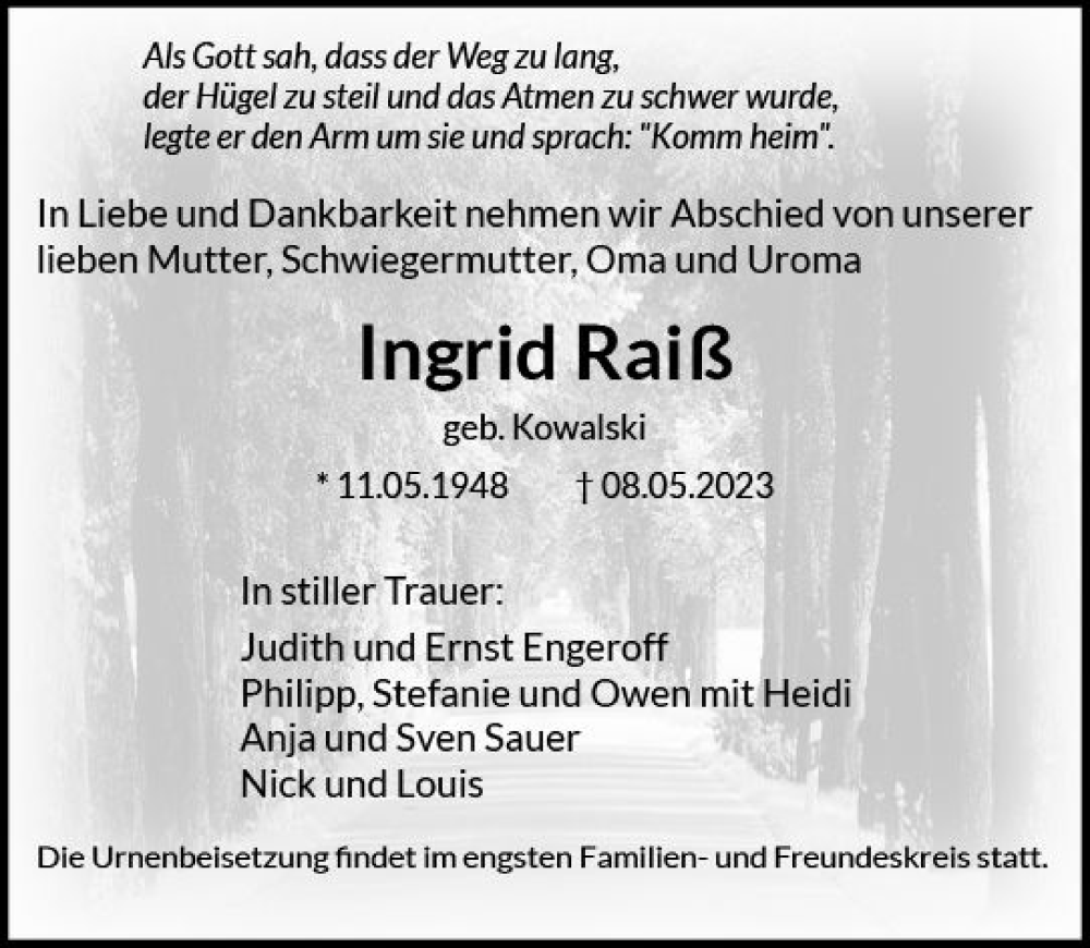  Traueranzeige für Ingrid Raiß vom 27.05.2023 aus Groß-Gerauer Echo