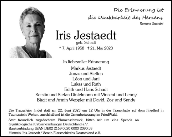 Traueranzeige von Iris Jestaedt von Wiesbadener Kurier