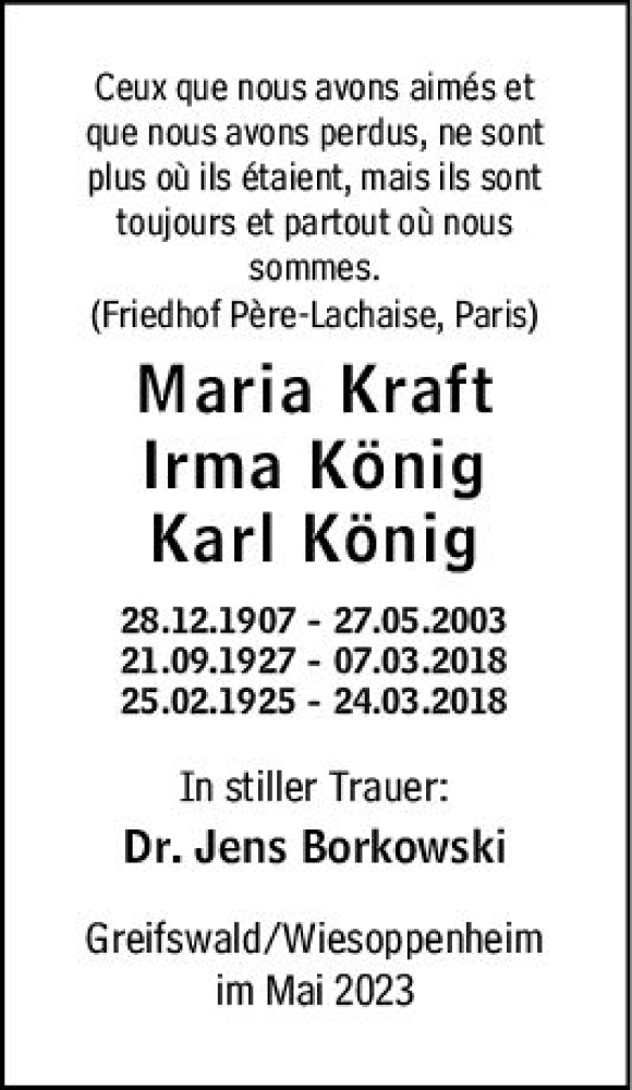  Traueranzeige für Irma König vom 27.05.2023 aus Wormser Zeitung
