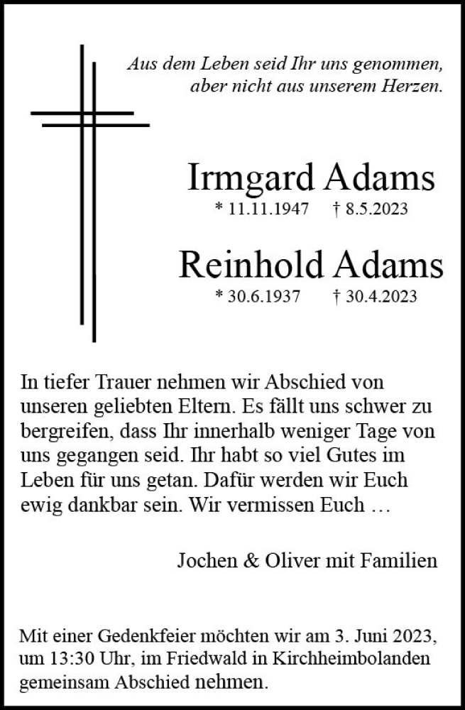  Traueranzeige für Irmgard Adams vom 27.05.2023 aus Darmstädter Echo