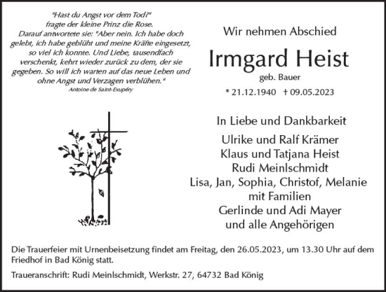 Traueranzeige von Irmgard Heist von Darmstädter Echo