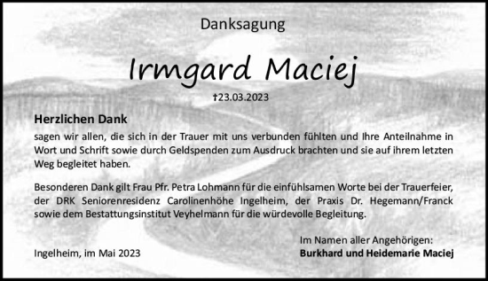 Traueranzeige von Irmgard Maciej von Allgemeine Zeitung Bingen/Ingelheim