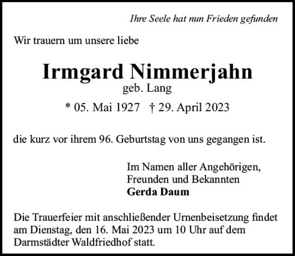  Traueranzeige für Irmgard Nimmerjahn vom 13.05.2023 aus Darmstädter Echo