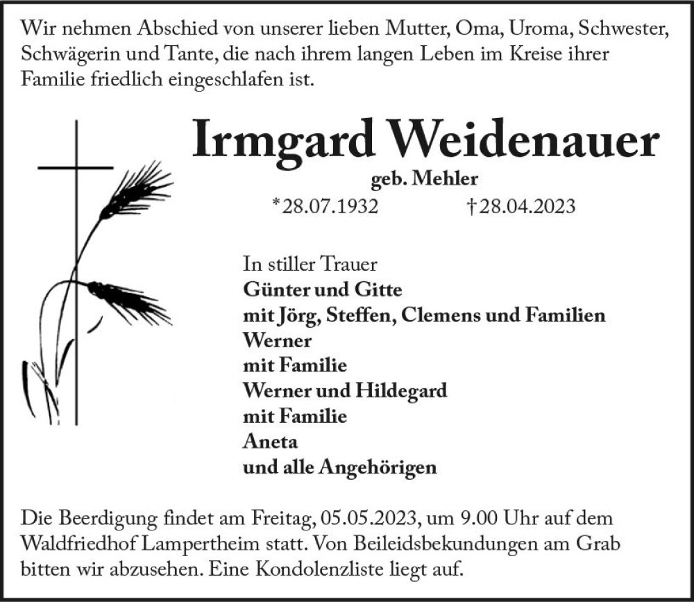  Traueranzeige für Irmgard Weidenauer vom 03.05.2023 aus Starkenburger Echo