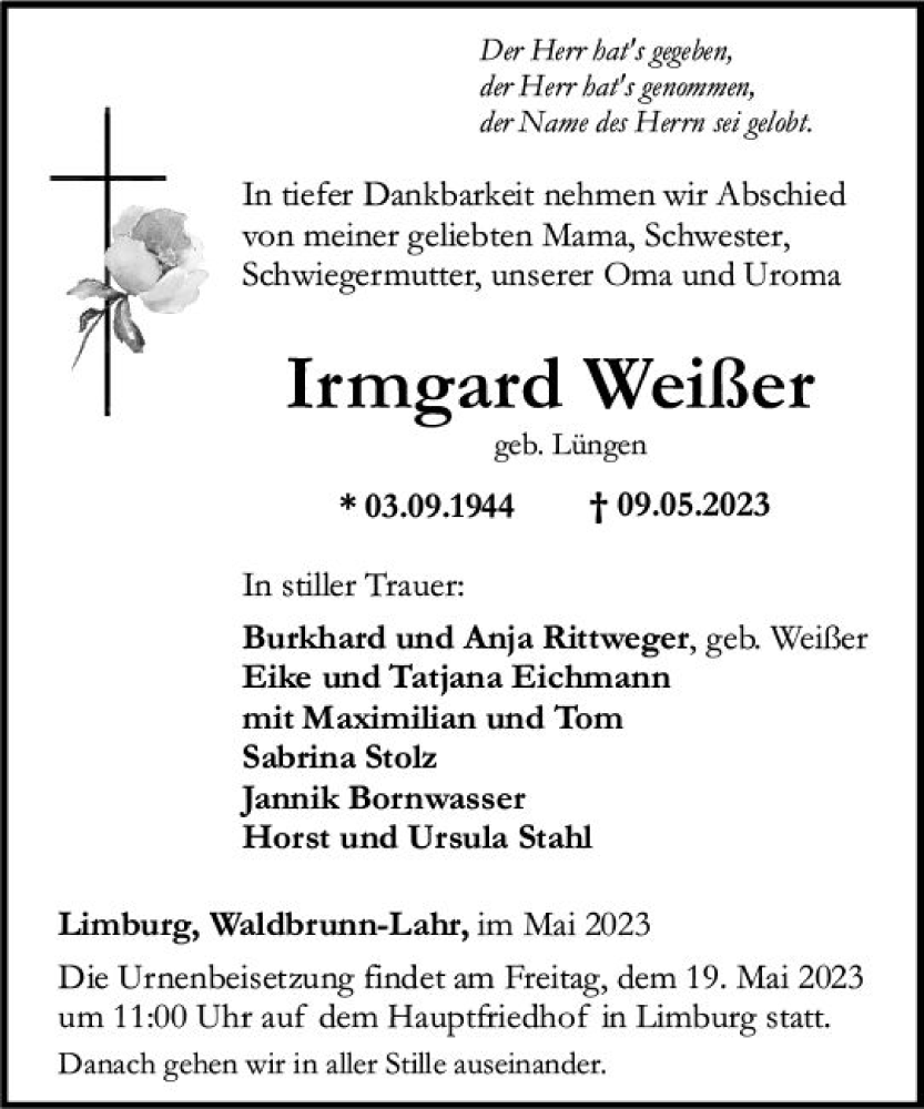  Traueranzeige für Irmgard Weißer vom 13.05.2023 aus Nassauische Neue Presse