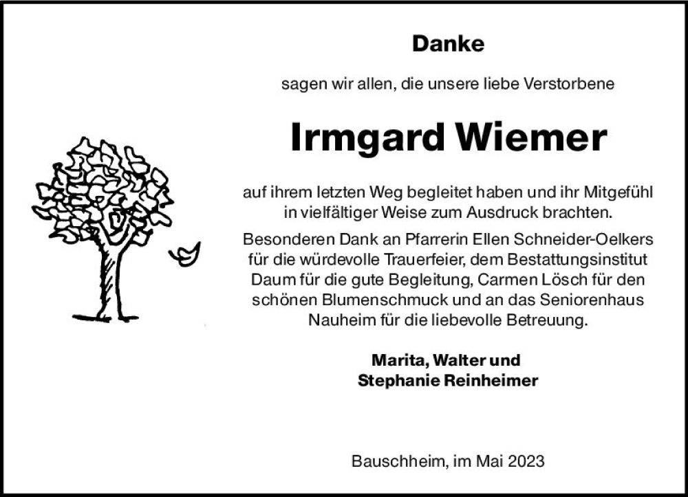  Traueranzeige für Irmgard Wiemer vom 06.05.2023 aus Rüsselsheimer Echo