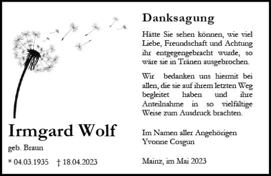 Traueranzeige von Irmgard Wolf von Allgemeine Zeitung Mainz