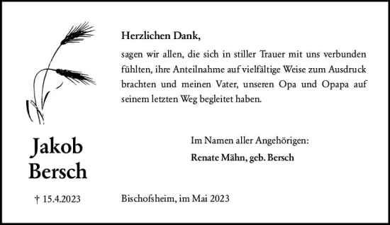 Traueranzeige von Jakob Bersch von Rüsselsheimer Echo