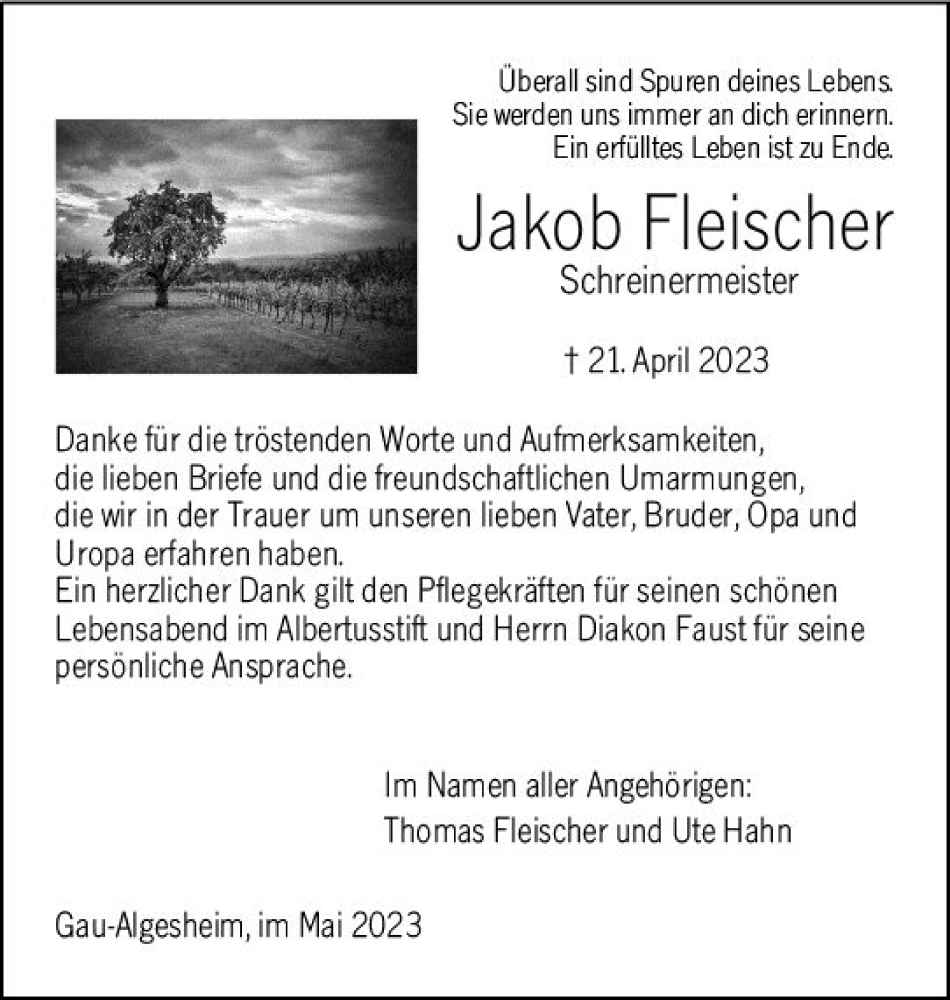  Traueranzeige für Jakob Fleischer vom 27.05.2023 aus Allgemeine Zeitung Bingen/Ingelheim