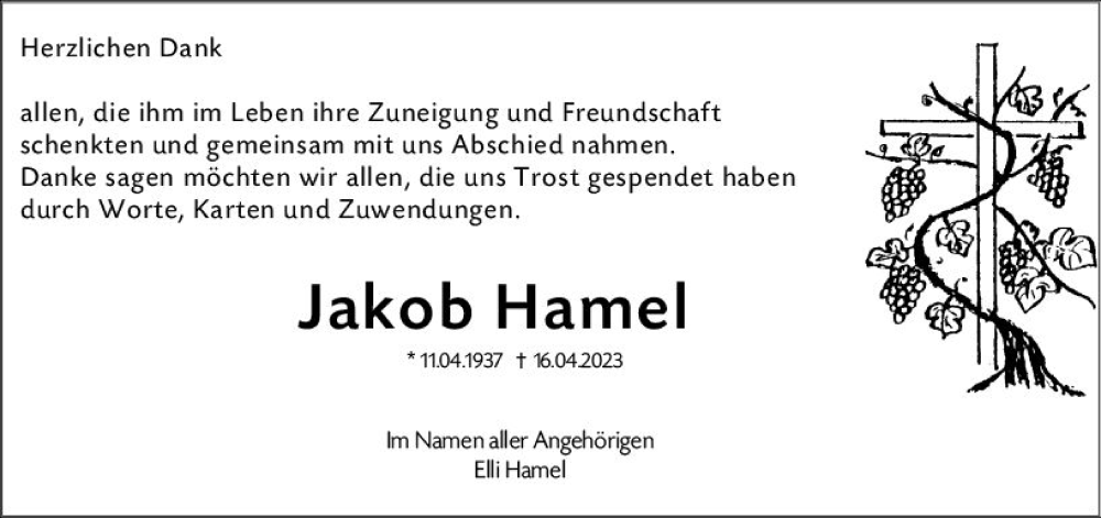  Traueranzeige für Jakob Hamel vom 13.05.2023 aus Starkenburger Echo