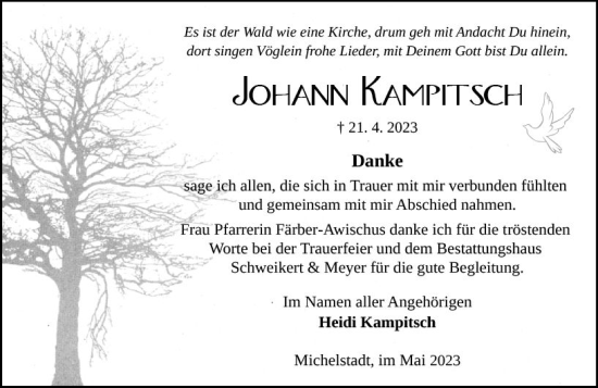 Traueranzeige von Johann Kampitsch von Odenwälder Echo