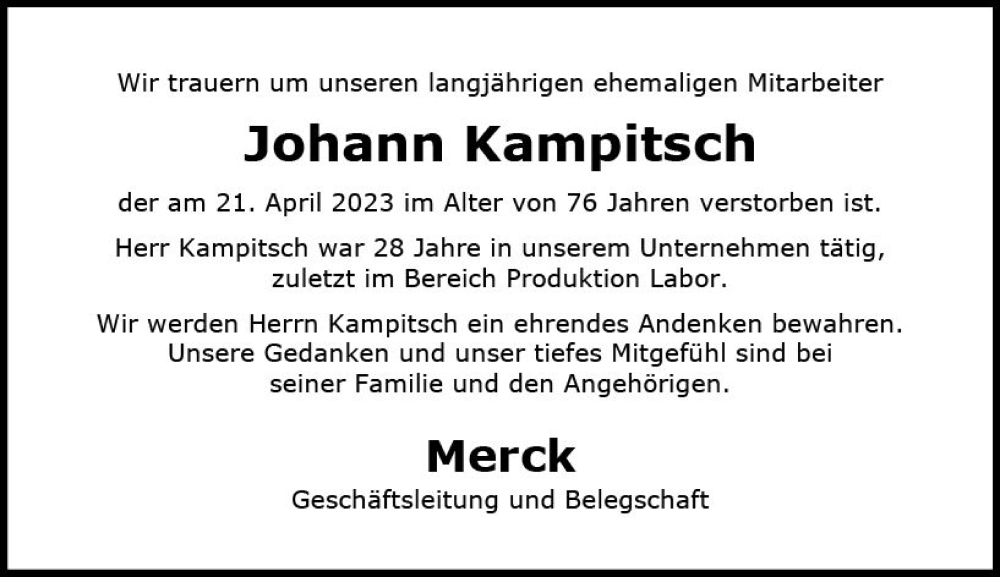  Traueranzeige für Johann Kampitsch vom 05.05.2023 aus Darmstädter Echo