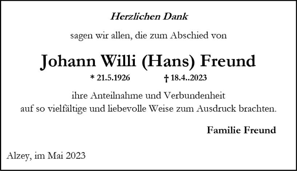  Traueranzeige für Johann Willi  Freund vom 20.05.2023 aus Allgemeine Zeitung Alzey