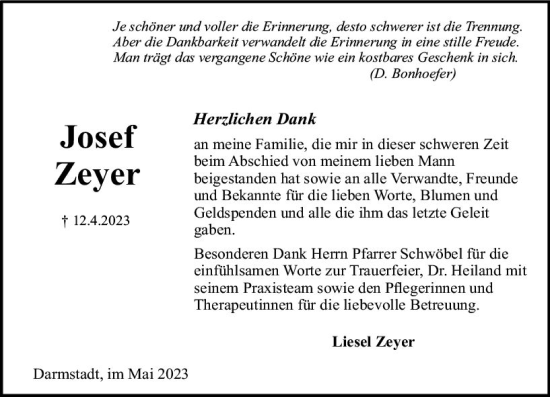 Traueranzeige von Josef Zeyer von Darmstädter Echo