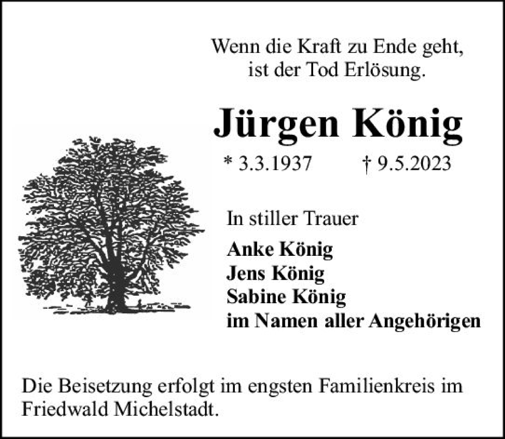  Traueranzeige für Jürgen König vom 13.05.2023 aus Rüsselsheimer Echo