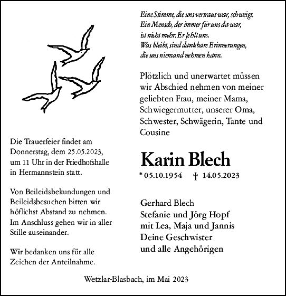  Traueranzeige für Karin Blech vom 20.05.2023 aus Wetzlarer Neue Zeitung