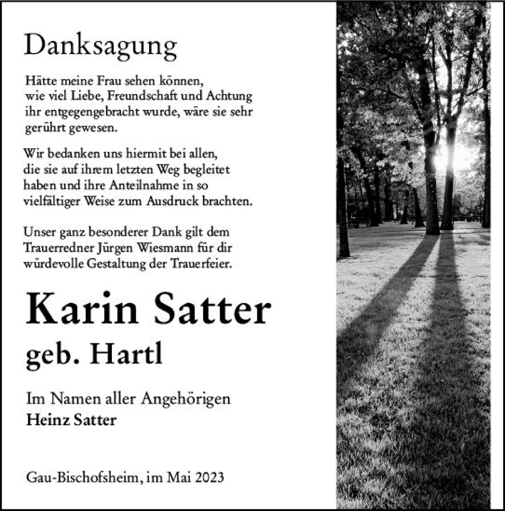  Traueranzeige für Karin Satter vom 20.05.2023 aus Allgemeine Zeitung Mainz