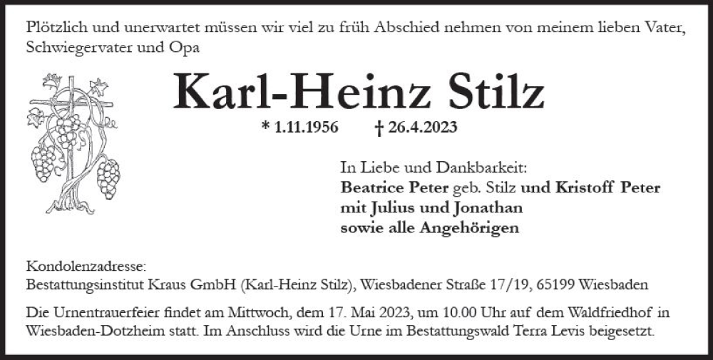  Traueranzeige für Karl-Heinz Stilz vom 13.05.2023 aus Wiesbadener Kurier