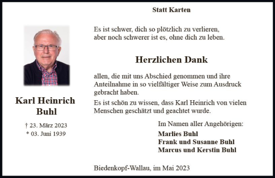 Traueranzeige von Karl Heinrich Buhl von Hinterländer Anzeiger