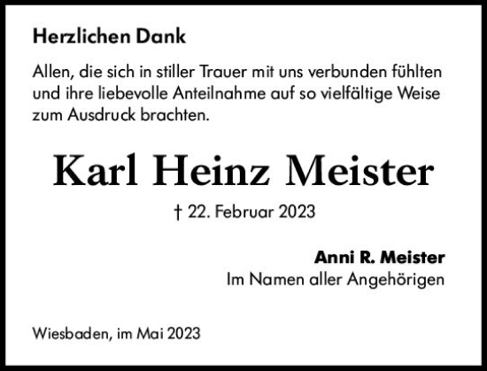 Traueranzeige von Karl Heinz Meister von Wiesbadener Kurier