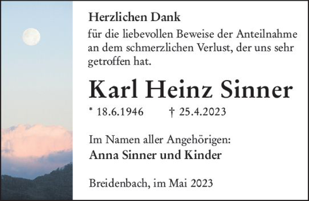  Traueranzeige für Karl Heinz Sinner vom 27.05.2023 aus Hinterländer Anzeiger
