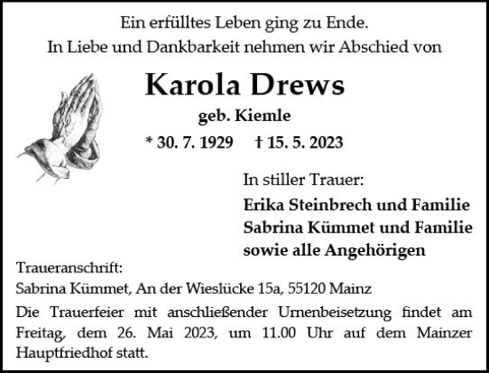 Traueranzeige von Karola Drews von Allgemeine Zeitung Mainz