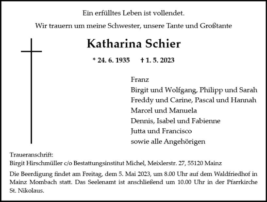 Traueranzeige von Katharina Schier von Allgemeine Zeitung Mainz
