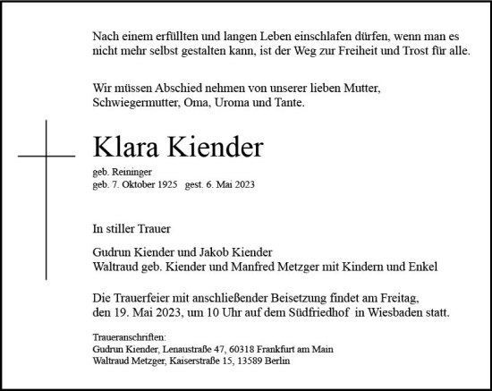 Traueranzeige von Klara Kiender von Wiesbadener Kurier