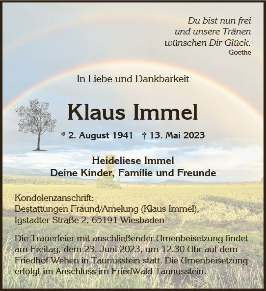  Traueranzeige für Klaus Immel vom 20.05.2023 aus Wiesbadener Kurier