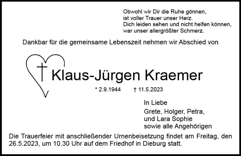  Traueranzeige für Klaus-Jürgen Kraemer vom 20.05.2023 aus Dieburger Anzeiger/Groß-Zimmerner Lokal-Anzeiger