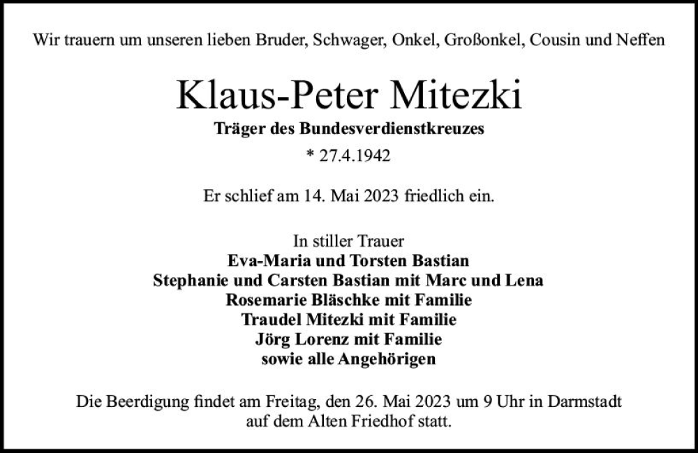  Traueranzeige für Klaus-Peter Mitezki vom 20.05.2023 aus Darmstädter Echo