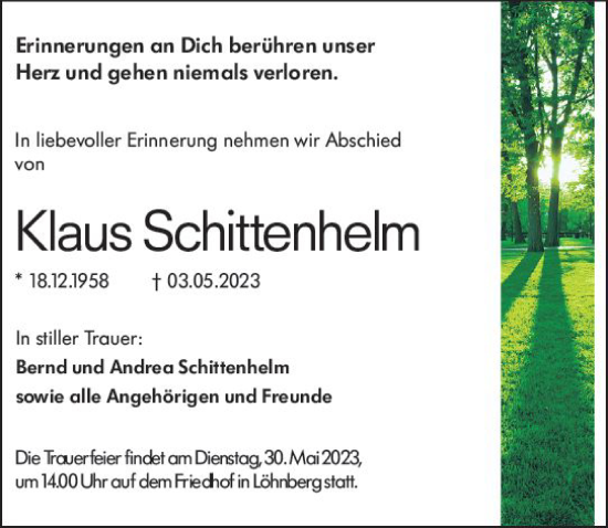 Traueranzeige von Klaus Schittenhelm von Weilburger Tageblatt