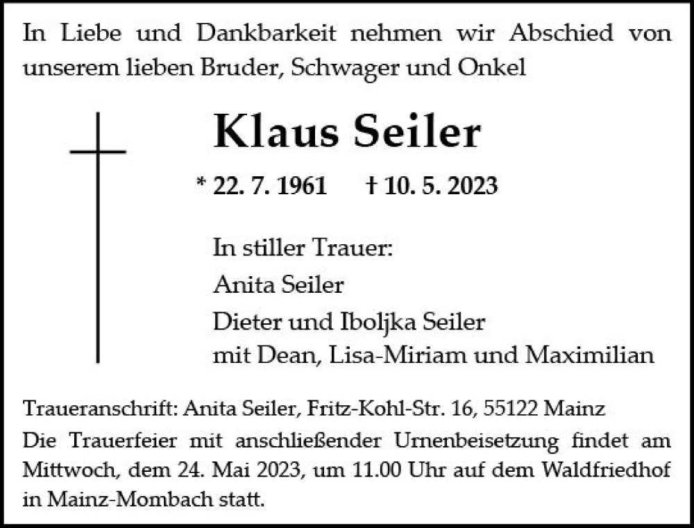  Traueranzeige für Klaus Seiler vom 20.05.2023 aus Allgemeine Zeitung Mainz