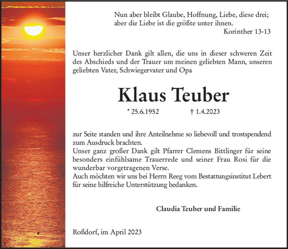  Traueranzeige für Klaus Teuber vom 06.05.2023 aus Darmstädter Echo