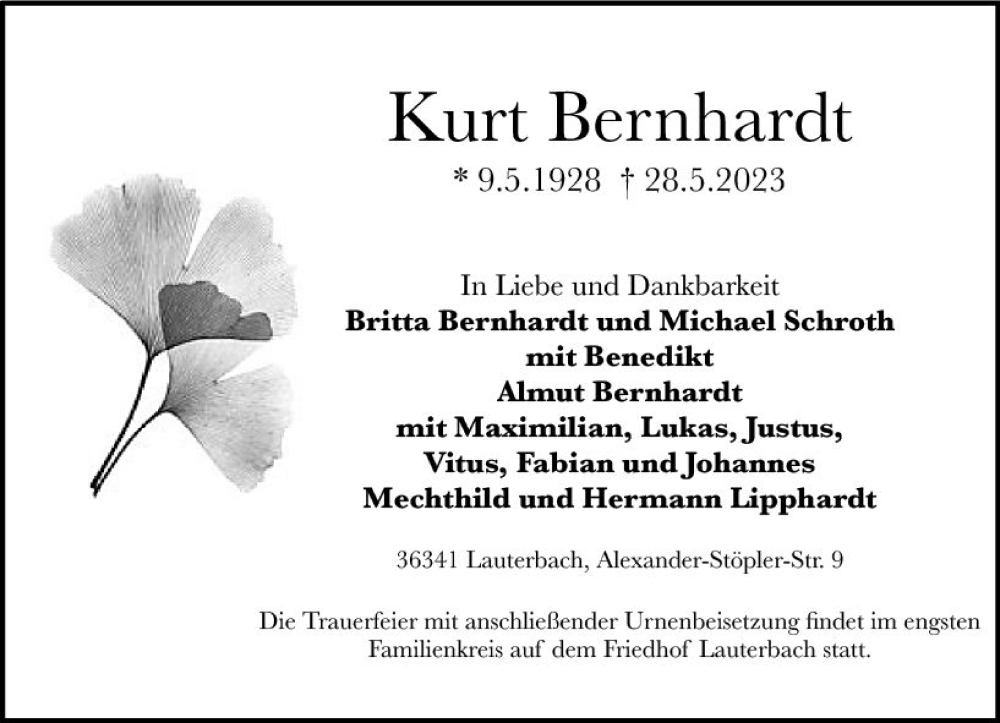  Traueranzeige für Kurt Bernhardt vom 31.05.2023 aus VRM Trauer