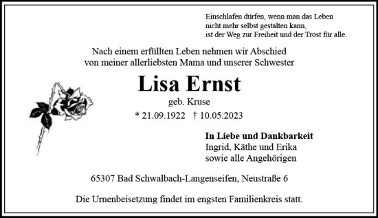 Traueranzeige von Lisa Ernst von Idsteiner Land/Untertaunus