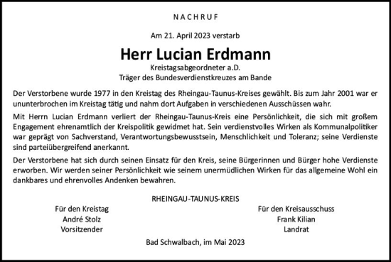 Traueranzeige von Lucian Erdmann von Idsteiner Land/Untertaunus