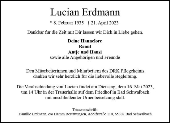 Traueranzeige von Lucian Erdmann von Wiesbadener Kurier