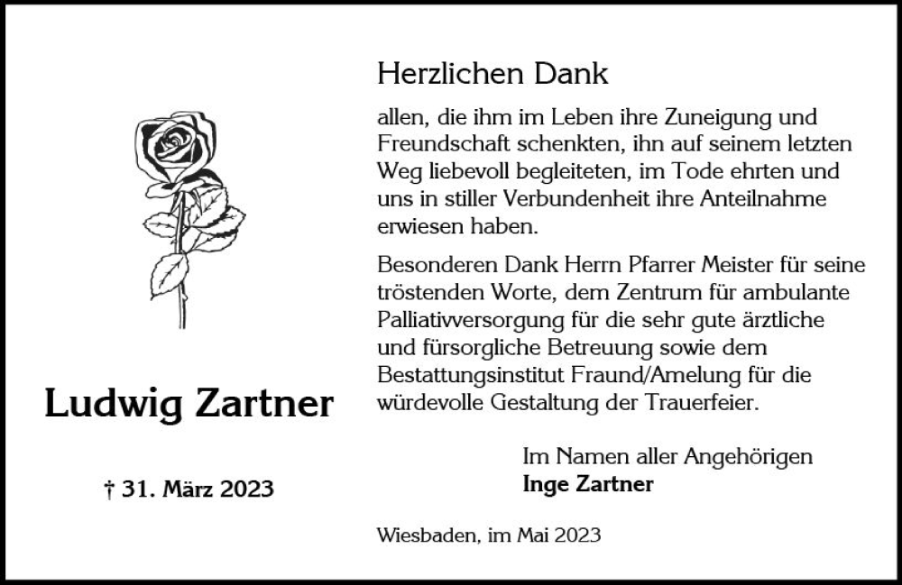  Traueranzeige für Ludwig Zartner vom 06.05.2023 aus Wiesbadener Kurier