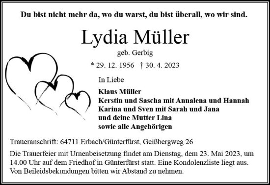 Traueranzeige von Lydia Müller von Odenwälder Echo