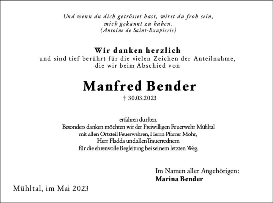 Traueranzeige von Manfred Bender von Darmstädter Echo