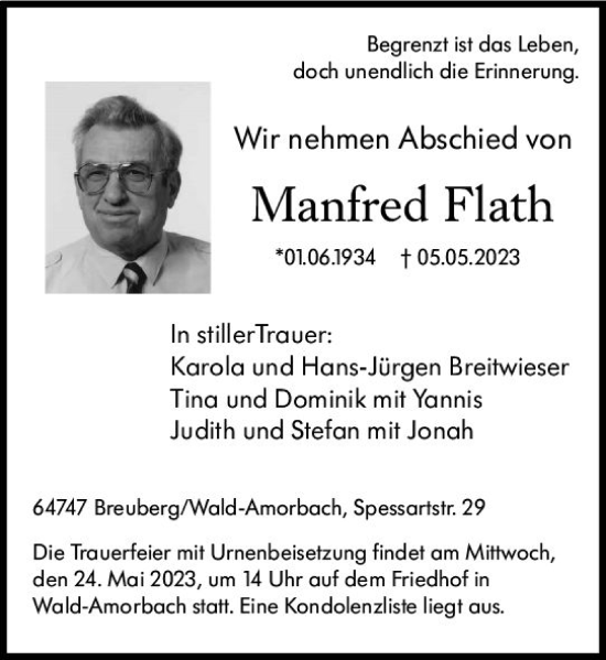 Traueranzeige von Manfred Flath von Odenwälder Echo