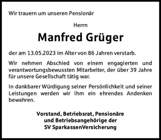 Traueranzeige von Manfred Grüger von Wiesbadener Kurier