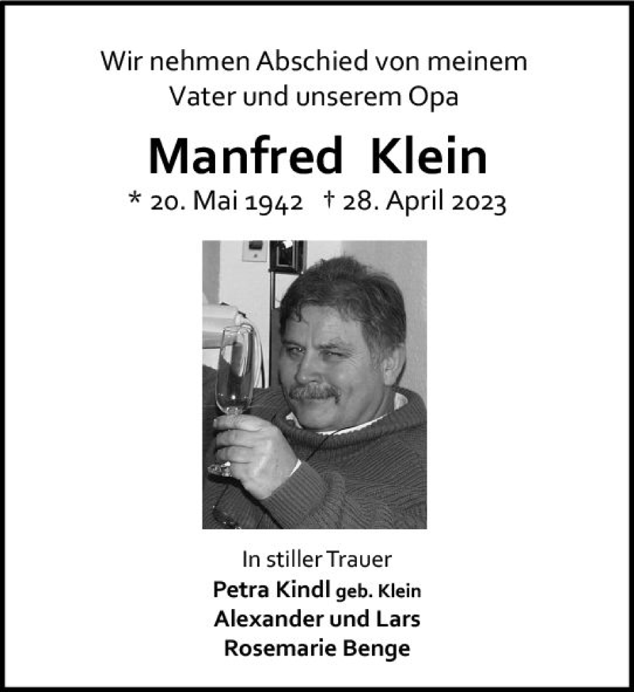  Traueranzeige für Manfred  Klein vom 06.05.2023 aus Allgemeine Zeitung Bingen/Ingelheim